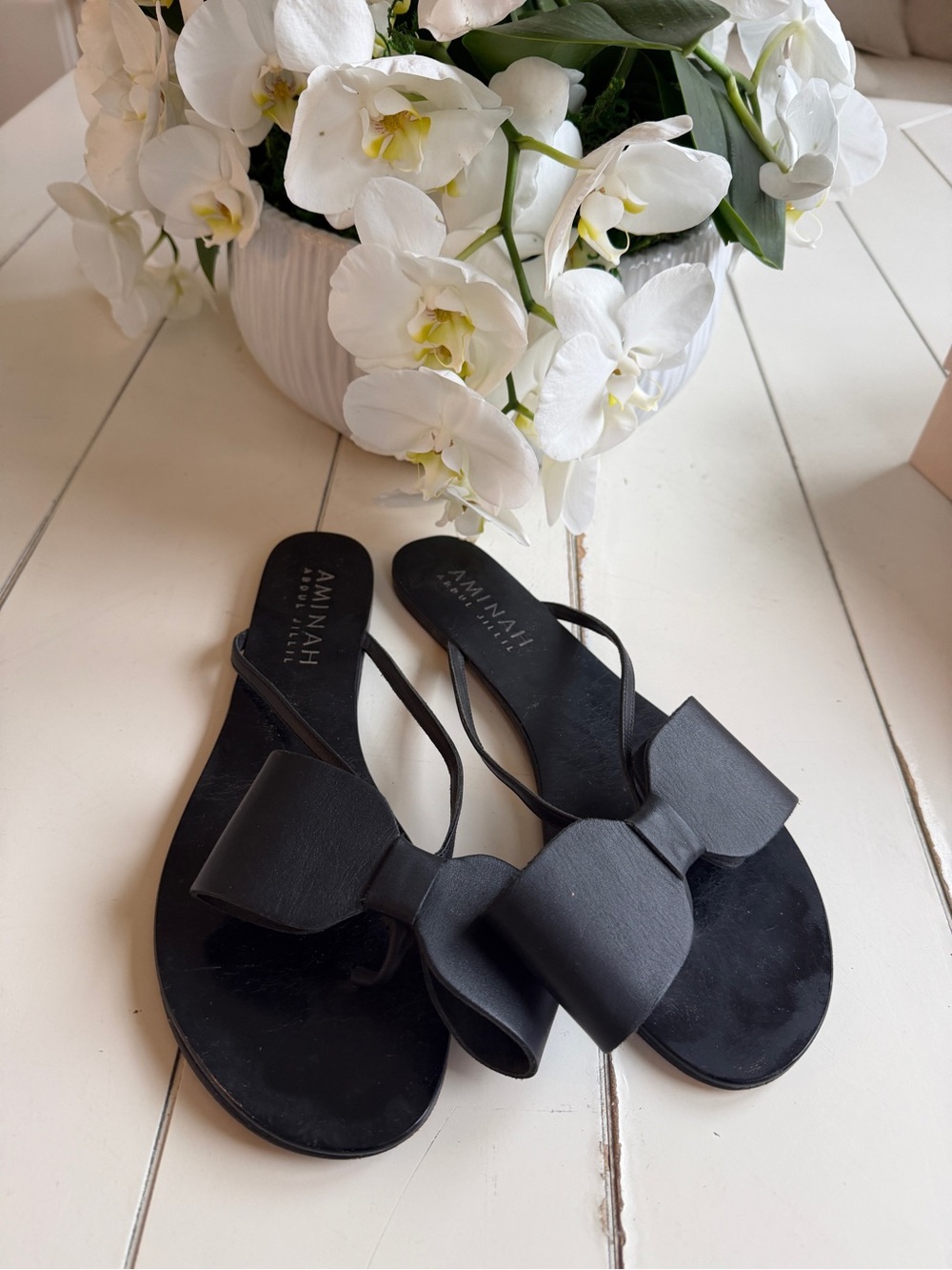 Aminah Black Bow Leather Slide Sandals